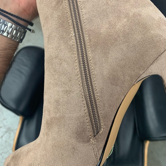 Pointed Toe Knee High Stiletto Heel Boot in Beige Faux Suede, Women’s - Picture 6 of 12